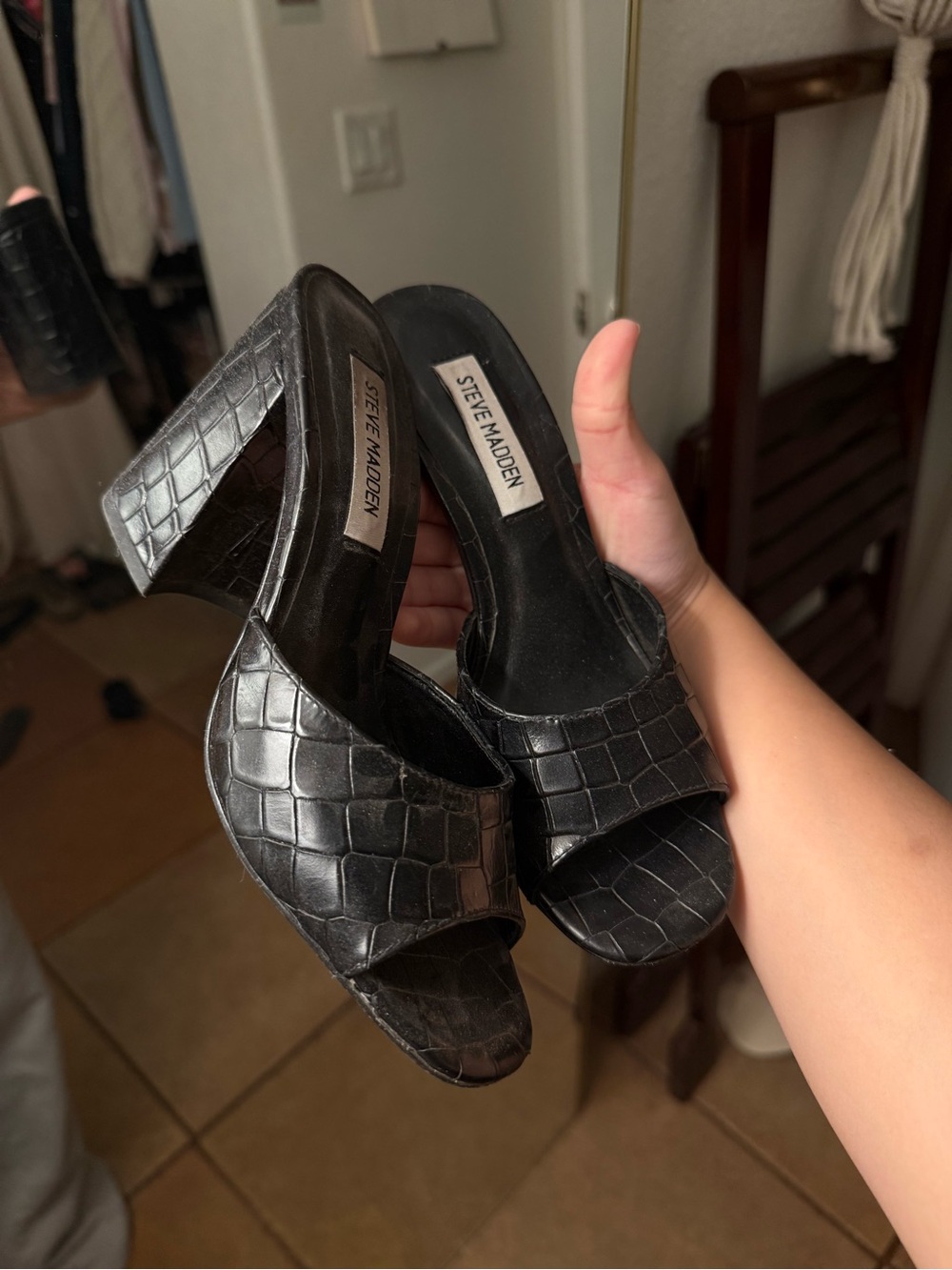 Steve Madden Black Croc-Embossed Slip-On Block Heel Mules